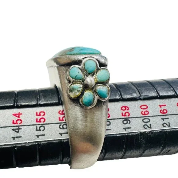 Vintage Barse 925 Sterling Silver Turquoise Ring Size 8 With Floral Side Detail - Picture 11 of 11